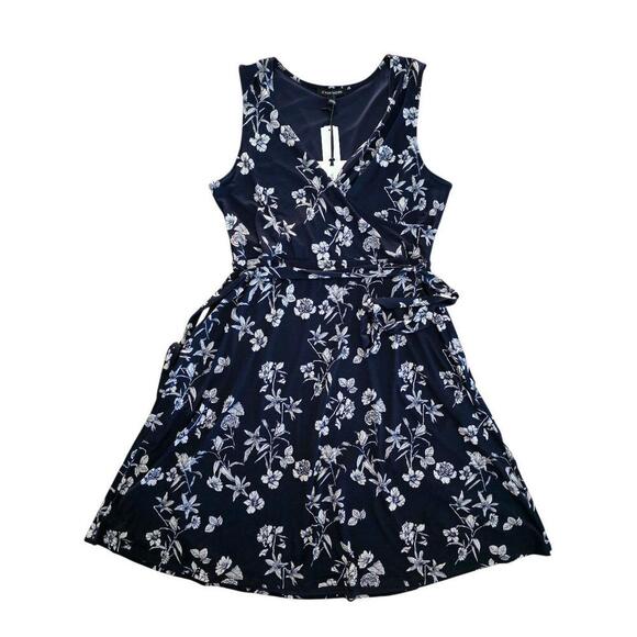 NWT 41 Hawthorn Dress Womens Blue Large Blue Floral Faux Wrap Belted Sleeveless - Picture 9 of 9